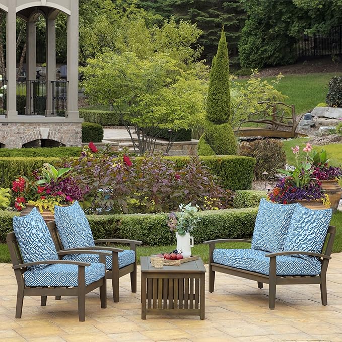 Arden Outdoor Deep Seat Cushion Set (4-Pack), 24 in x 24 in, Weather-Proof, Rain-Proof, Fade Resistant Patio Cushion for Chair, Sofa, and Couch Amalfi Blue Tile