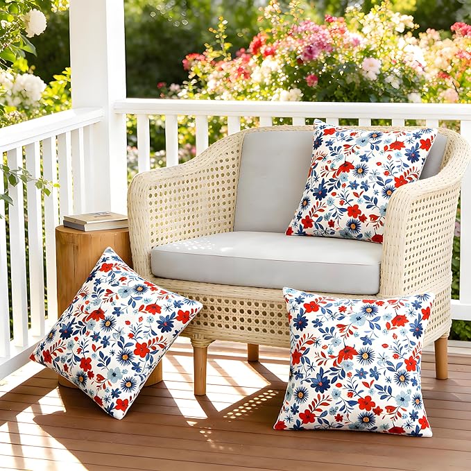 SquarePie 4th of July Outdoor Pillow Covers 18x18 Inch Set of 2 - Waterproof Red Blue Flowers Square Cushion Covers, Patriotic Watercolor Floral Decorative Throw Pillow Cases for Patio Couch Sofa