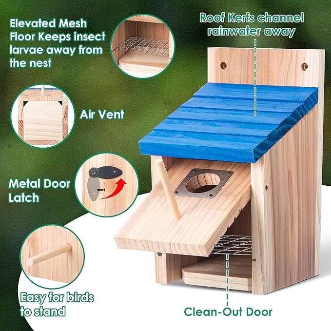 Dreyoo 3 Pack Bluebird Houses for Outside, 1-1/2'' Entrance Hole Wooden Bluebird Houses for Outdoors with Metal Guard, Secure Latch, Fledgling Grooves, Air Vents (Blue Roof with Wood Body)