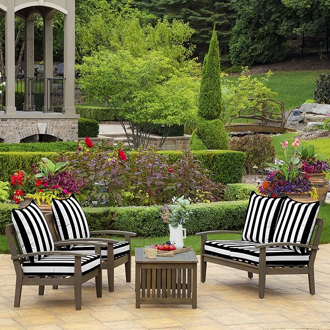 Arden Outdoor Deep Seat Cushion Set (4-Pack), 24 in x 24 in, Weather-Proof, Rain-Proof, Fade Resistant Patio Cushion for Chair, Sofa, and Couch Black Cabana Stripe