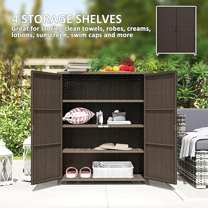 Outsunny Wicker Outdoor Storage Cabinet with Shelves, 4-Shelf Outdoor Pool Towel Cabinet with Two Doors, Rattan Patio Storage Shelves for Garden, Backyard, Porch, Dark Coffee