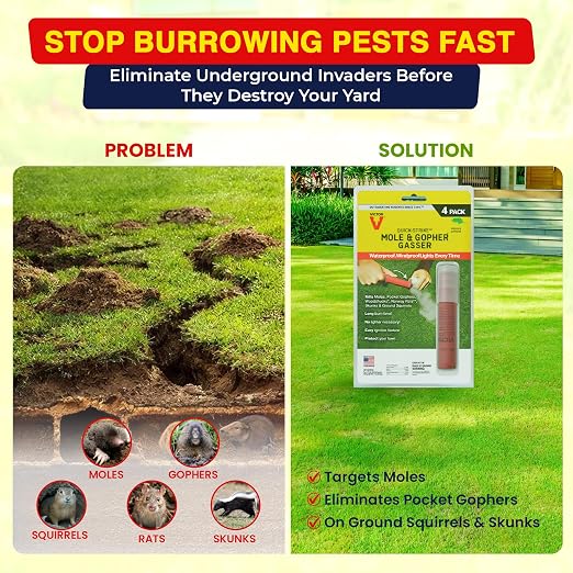 Victor Quick-Strike Mole & Gopher Gassers – 8 Total Gassers, Self-Igniting Burrow Pest Control, Waterproof & Windproof, Long-Burn Outdoor Tunnel Treatment (2)