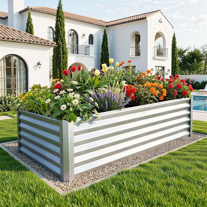 YITAHOME 6x3x3ft Large Raised Garden Bed Kit, Galvanized Metal Planter Box with Gloves, Support Rod, Outdoor Above Ground Planters for Plants Vegetables Flowers, Silver Gray