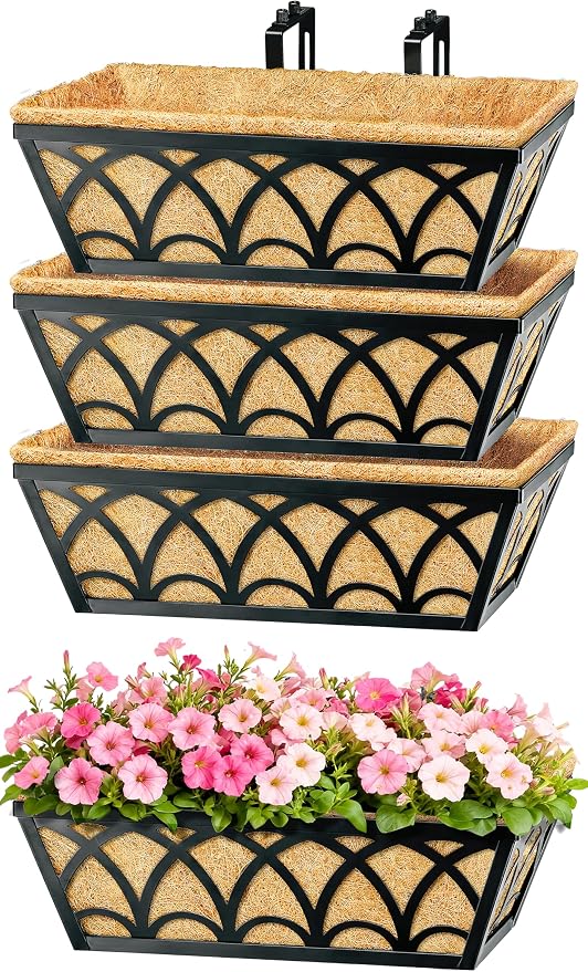 16 Inch Railing Planter Box Window Boxes Planters - 4 Pack Deck Railing Planter Boxes with Adjustable Brackets Coco Liners Balcony Planters Railing Hanging for Window Flower Boxes Outdoor Garden Decor