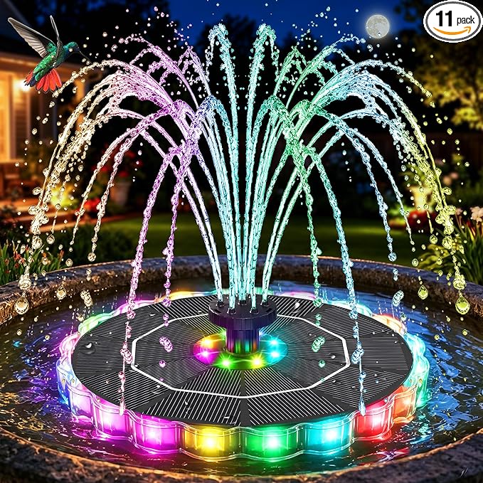 Solar Fountain, 2026 Upgrade 3.5W Solar Bird Bath Fountains with Colorful Ring LED Lights, 2000mAh Battery, 7 Nozzles and 4 Fixers, Solar Water Fountain Pump for Pond, Pool, Patio and Garden