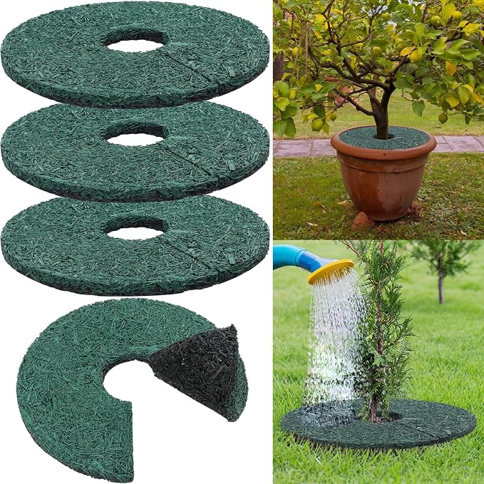 Peryiter 4 Pcs Double Side Rubber Mulch Tree Ring, Heavy Duty Rubber Mulch Mat, Tree Root Protector Mat Reversible Round Root Ring Weed Barrier for Prevent Animal Dig (Green)
