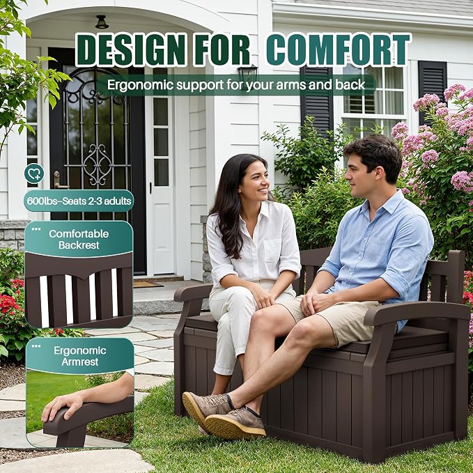 Devoko 80 Gallon Storage Bench with Cushion, Lockable Deck Box for Patio Furniture, Garden Decor and Outdoor Seating for Cushions, Garden Tools and Pool Supplies (Dark Brown, 80 Gallon with Cushion)