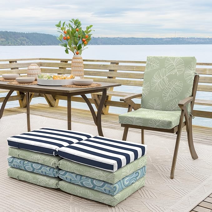 Arden Outdoor Patio Dining Chair Cushion, 20x44, Rain-Proof Seat Pad, Fade-Resistant Outdoor Cushion Coastal Green Leaf