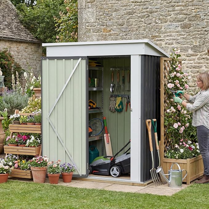Greesum 5x3FT Outdoor Storage Shed with Base, Utility Tool Shed with Sloping Roof, Metal Storaged Garden Shed with Door & Lock for Patio Storage, Gray