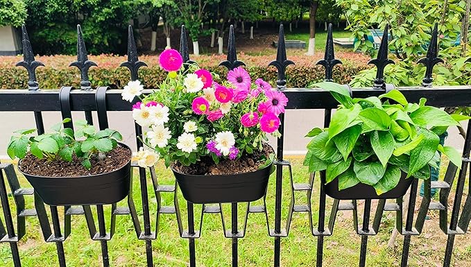 Cornasee 10.6" Metal Railing Planter for Fence/Balcony/Window/Outdoor, 5-Pack Hanging Planters Vintage Flower Pot with Detachable Hooks for Strawberry,Herb,Cactus Black
