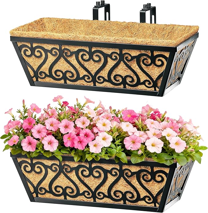 2 Pack 16 Inch Deck Railing Planter Box - Window Boxes Planters with Adjustable Brackets Coco Liners Balcony Planters Railing Hanging for Wind
