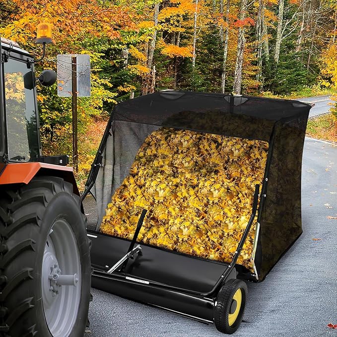 Tow Behind Lawn Sweeper, 52" Pull Behind Collector – Large Capacity Leaf & Grass Collector with Adjustable Height, Dumping Rope Design for Debris and Lawn Clippings