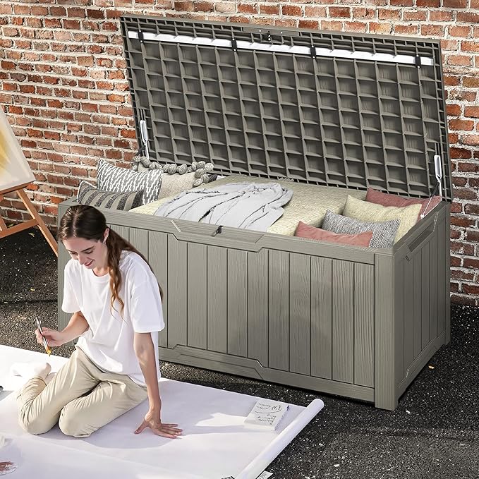 DWVO 120 Gallon Outdoor Storage Box, Large Lockable Resin Deck Box, Water Resistant Patio Storage Box for Tools, Cushions, Supplies - Light Brown