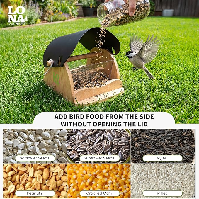 LONA Wooden Bird Feeder for Outdoors Hanging, Large Capacity Hopper with Weatherproof Roof Birdfeeder for Feeding Outside Garden Wild Birds Cardinals Finches Robin Sparrow Blue Jay Chickadees