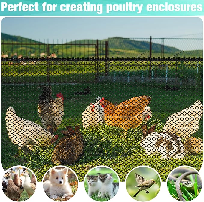 Plastic Mesh Fence Sheet 15.7IN x 10FT - 0.3IN Opening Plastic Chicken Wire Netting Roll Durable for Dogs, Poultry, Puppy, Garden Snake Barrier with 50 Pcs Zip Ties - Black
