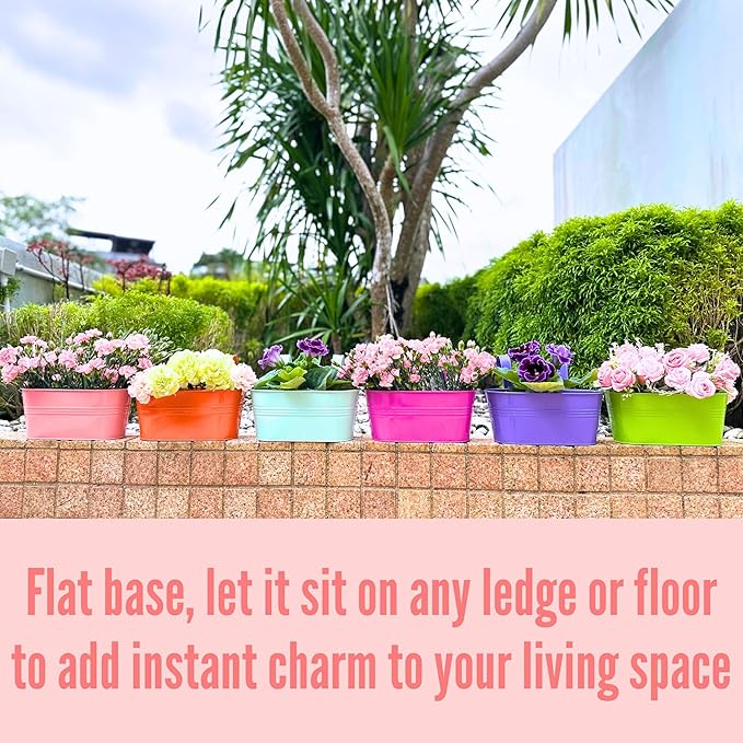 LaLaGreen Rail Planter (17 Inch, 6 Pack) Colorful Metal Hanging Flower Pots Railing Fence Balcony Gardening for Apartment Patio Planters Modern Garden Style Iron Outdoor Decoration Porch Decor