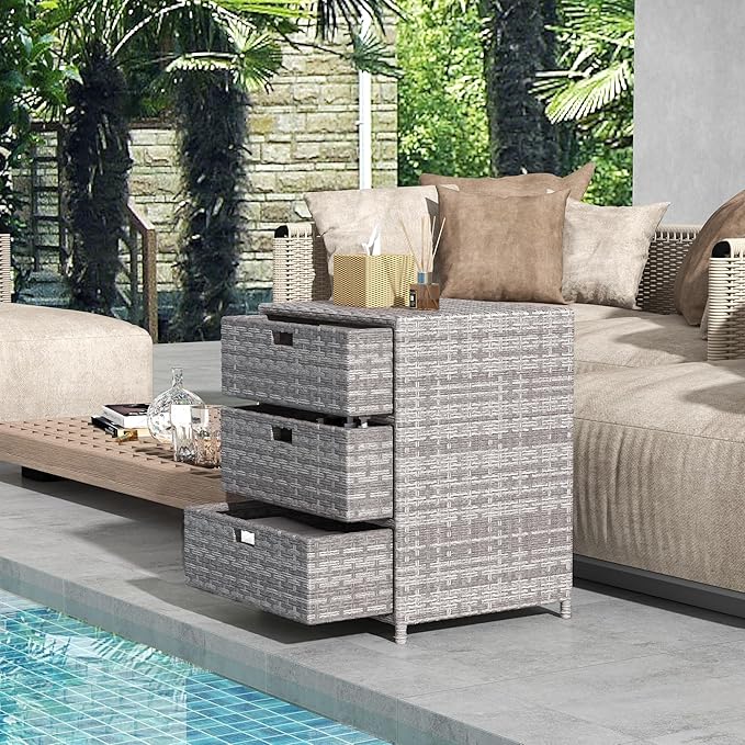 Outsunny Outdoor Towel Cabinet, PE Rattan Pool Storage Organizer, Freestanding Outdoor Towel Rack for Pool with 3 Drawers and Weather Safe Material, Gray