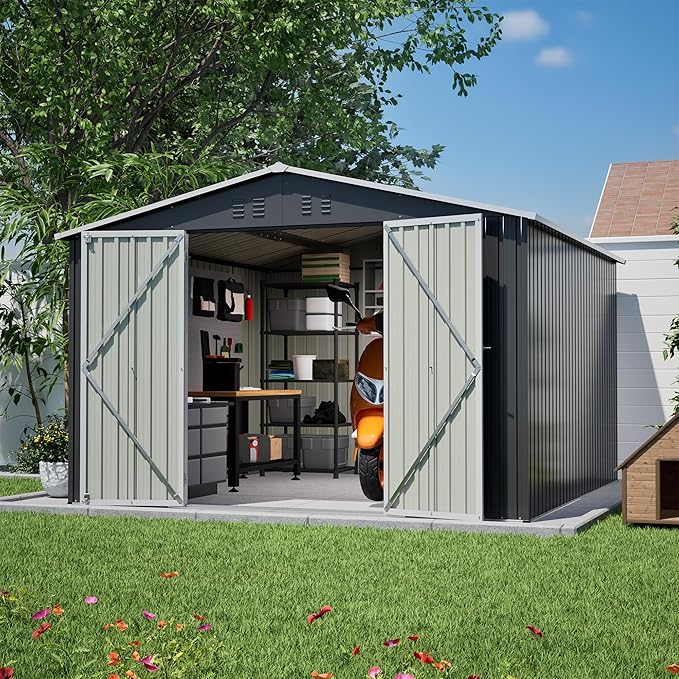 YOPTO 10 x 10 FT Outdoor Storage Shed,Heavy Duty Tool Sheds Metal Storage Garden Shed with Sloped Roof and Lockable Doors,Large Metal Storage Sheds for Backyard Patio Lawn, Black