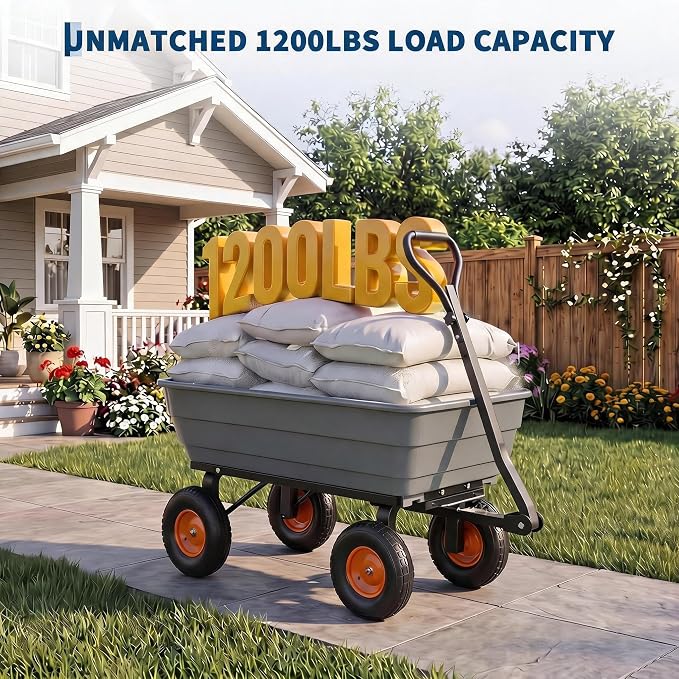 1200 lb Poly Garden Dump Cart, Wheelbarrow Yard Cart with 13 in Wheels, Quick-Dump & Towable Utility Wagon with Convertible Handle for for Yard, Soil, Rocks（Gray）