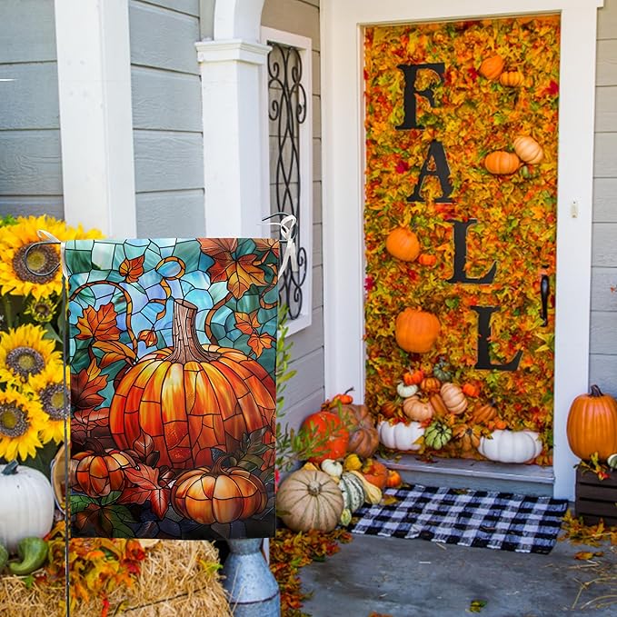 Pumpkin Fall Garden Flag Autumn flags 28x40 Double Sided Large Stained Glass Thanksgiving House Flag Harvest Yard Flag for Outside Porch Lawn Decor