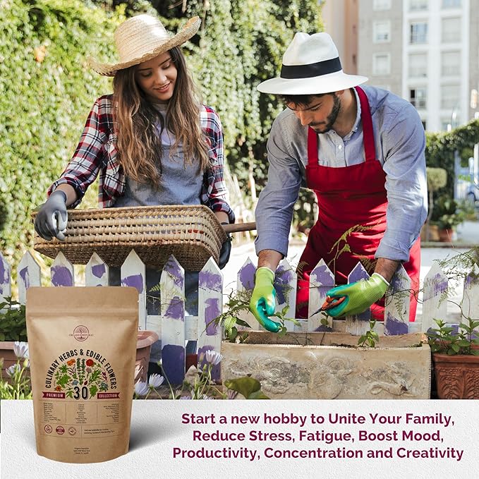 Organo Republic 30 Culinary Herbs & Edible Flower Seeds Variety Pack- Indoor/Outdoor. 7400+ Non-GMO Heirloom Flower Seeds: Basil, Borage, Echinacea, Lavender, Oregano, Rosemary Seeds & More
