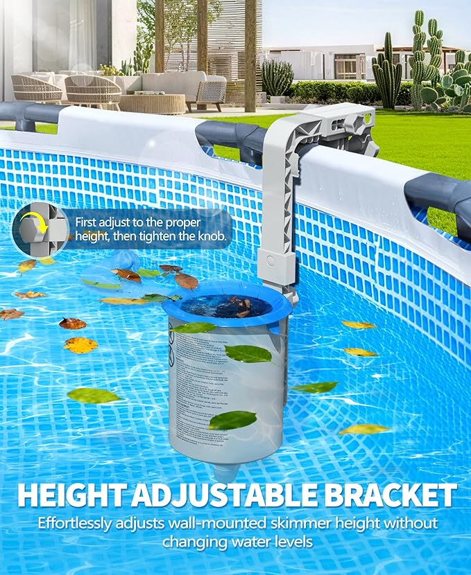 DeeprClean Upgrade Above Ground Pool Skimmer Comes with 3 Socks, Anti-tilt Wall Mount Surface Skimmer, Removable Skimmer Basket, Adjustable Height Bracket, Auto Skimming Pool Surface Leaves - Gray