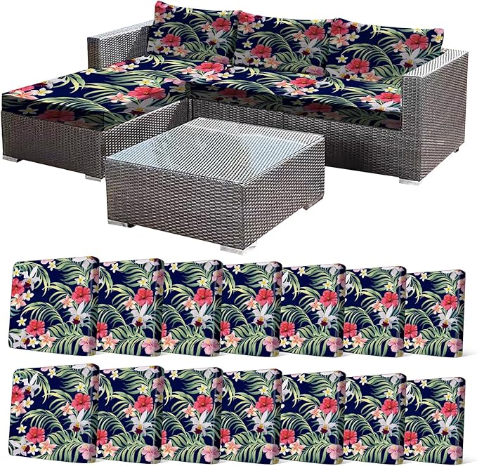 CALBODE 14 Pcs Stretch Outdoor Seat Cushion Covers, Washable Chair Seat Cover for Patio Furniture Cushions Soft Indoor and Outdoor Couch Cover Replacement (Tropical Floral,Black, Cover Only)