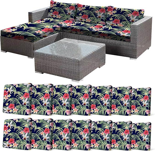 CALBODE 14 Pcs Stretch Outdoor Seat Cushion Covers, Washable Chair Seat Cover for Patio Furniture Cushions Soft Indoor and Outdoor Couch Cover Replacement (Tropical Floral,Black, Cover Only)