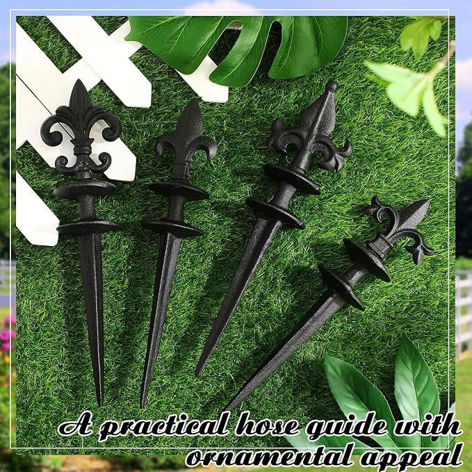 4 Pcs Antique Garden Hose Guide Spike, 13.7" Fleur De Lis Decorative Cast Iron Finial Stakes Heavy Duty Metal Plant Saver Tools Outdoor Hose Protection for Lawn Yard Patio(Black,Assorted Styles)