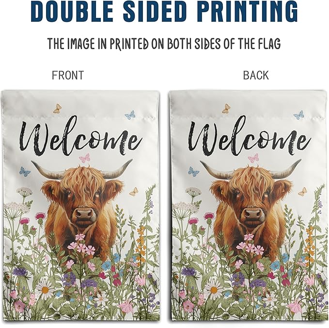 Floral Highland Cow Garden Flag Spring Summer House Flags 28x40 Double Sided Flower Funny Farmhouse Yard Flags for Outside Large Farm Outdoor Welcome Flags