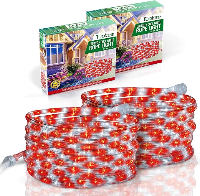 Tupkee LED Rope Light Red & Cool White - for Indoor and Outdoor use, 24 Feet (7.3 m) - 10MM Diameter - 144 LED Long Life Bulbs Rope Tube Lights - Pack of 2