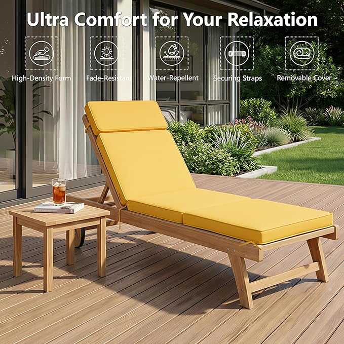 80 x 26 Inch Outdoor Chaise Lounge Cushion - Removable Cover, 4-Section Design, Water-Repellent & Fade-Resistant, 6 Tie Straps, Replacement for Patio & Pool Chairs - Yellow