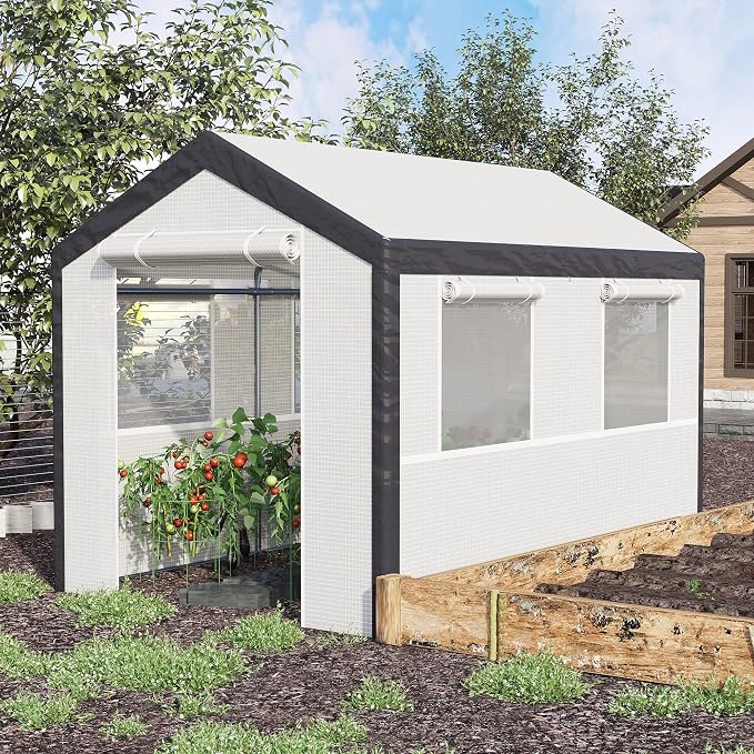 Outsunny 10' x 7' x 7' Greenhouse, Walk-in Outdoor Tunnel Green House with PE Cover, Steel Frame, 2 Roll-Up Zipper Doors & 4 Windows for Flowers, Vegetables, Tropical Plants, White