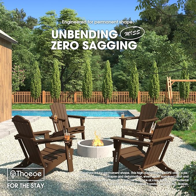 THOEOE Folding Adirondack Chair Set of 2, HDPE All-Weather Outdoor Chair with Cup Holder, Wooden Textured, Fire Pit Chair, Plastic Patio Chair for Deck, Backyard, Garden, Lawn, Brown