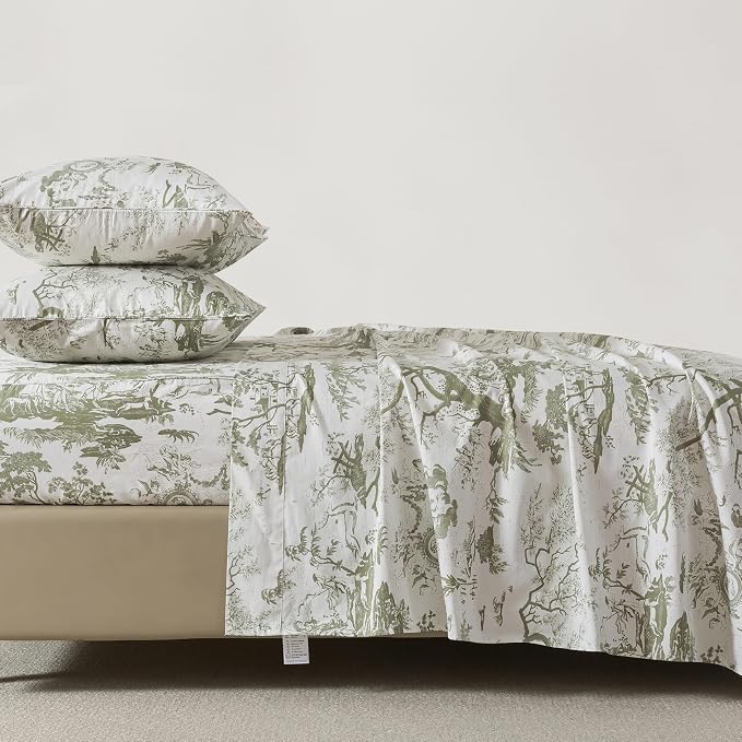 FADFAY Toile Sheets Set Cal King Sage Green Toile de Jouy Bedding Pastoral French Country Bedding 100% Egyptian Cotton Farmhouse Sheets Breathable Soft 4Pcs Deep Pocket Sheet Set for All Seasons