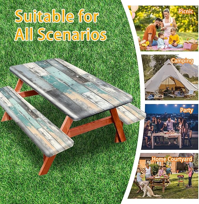 Picnic Table Cover with Bench Covers 72IN 6FT, Camping Essentials Tablecloth Waterproof Oilproof with elastic Edge for Indoor Outdoor Patio (Retro Wood Grain Blue)