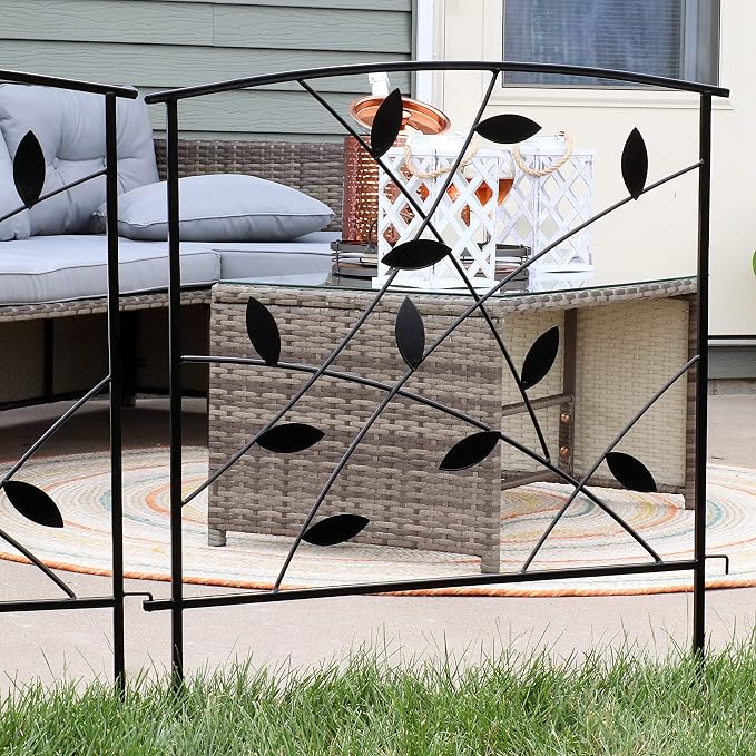 Sunnydaze Modern Leaves and Vines 10-Foot 5-Piece Steel Decorative Garden Fence Panels - 26" W x 32" H Per Panel - Black
