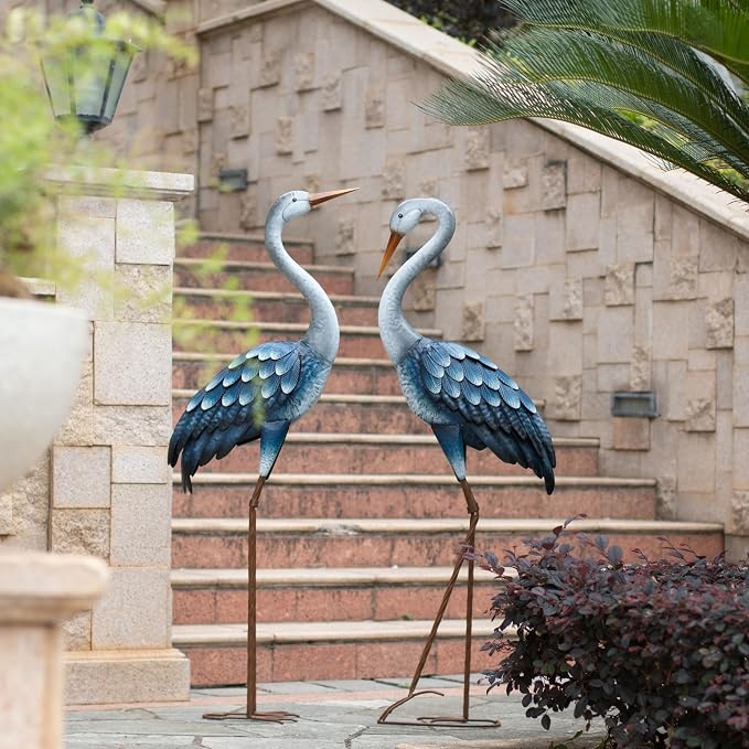 Kircust Blue Metal Heron Statues,Outdoor Garden Crane Sculptures 47-48 Inch | Waterproof and Rust-proof Bird Yard Art, For Pond & Lawn Garden Decor
