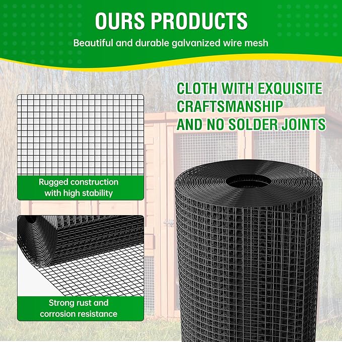 Dynabyte Black Hardware Cloth 1/2 inch 16 x 25 Ft 19-Gauge, Vinyl Coated Chicken Wire Fencing, Wire Mesh Roll, Chicken Wire Mesh Roll, Chicken Coop Wire, Tree Guard, Welded Wire Fencing