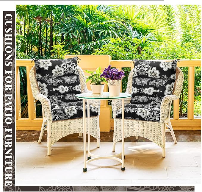 Sintuff 4 Pcs 44 x 21 x 4 Patio Chair Cushions Outdoor Chair Cushion Seat/Back Tufted Pillow with Ties Water Resistant Replacement Indoor Patio Furniture Outdoor Furniture (Flower,Black,White)