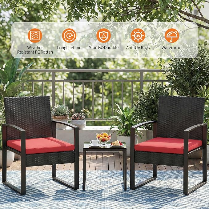 Garvee 3 Pieces Patio Bistro Set, PE Rattan Patio Conversation Set with Tempered Glass Coffee Table, Outdoor Wicker Furniture for Patio Garden Balcony Backyard, Black and Red