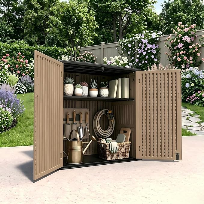38 Cu. Ft Horizontal Resin Storage Shed, Outdoor Storage Cabinet, Weatherproof, Easy to Assemble, Outdoor Storage Box for Backyards/Patios/Garden, No Shelf (Brown)