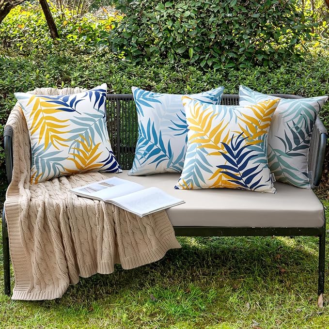 MIULEE Pack of 2 Decorative Outdoor Waterproof Throw Pillow Covers Patio Pillow Cases Natural Leaves Pattern Spring Square Cushion Shams Shell for Garden Balcony Couch 18x18 Inch, Yellow Blue