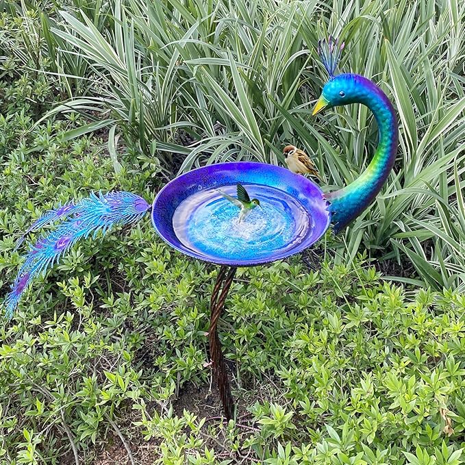 HLQMFHT 12.8" W*38.2" H Peacock Bird Baths for Outdoor, Metal Bird Feeder Seed Trayr,Bird Bath Drinker Plate, Garden Lawn Yard Decor(Multicolor)