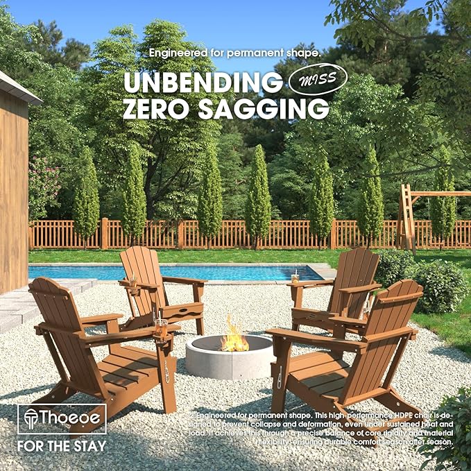 THOEOE Folding Adirondack Chair Set of 8, HDPE All-Weather Outdoor Chair with Cup Holder, Wooden Textured, Fire Pit Chair, Plastic Patio Chair for Deck, Backyard, Garden, Lawn