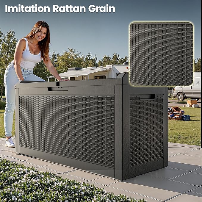60 Gallon Outdoor Storage Box for Indoor & Outdoor Use, Waterproof Resin Rattan Deck Bin - Lockable & Fade Resistant - Ideal for Package Storage, Patio Cushions & Gardening Tools, Black