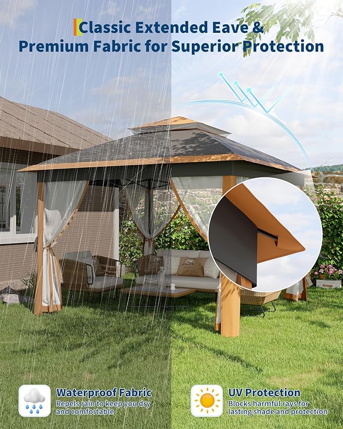 GarveeLife 11'x11 Pop-Up Gazebo, Instant Outdoor Canopy Tent with Mosquito Nettings, Durable Steel Frame, Water, and UV Proof, for Patio, Garden, Courtyard, Party (Khaki)