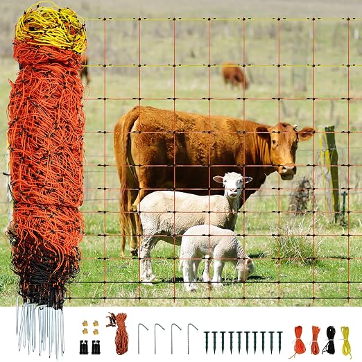 Electric Fence Netting 42.5" H x 164'L | with Posts and Double-Spiked Stakes, Portable Livestock Nets for Backyards, Homesteads, Gardens, Farms, and Ranches