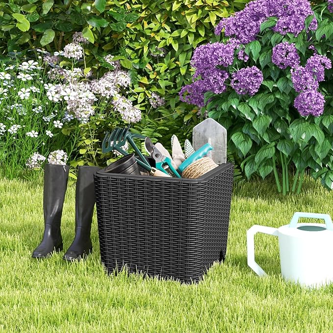 Giantex 11.5 Gallon Deck Box, Outdoor Side Table with Removable Lid, Faux Wicker-Woven, 330Lbs Capacity, Outside Waterproof Storage Box, Resin Rattan Small Coffee Table for Patio Poolside (Black)