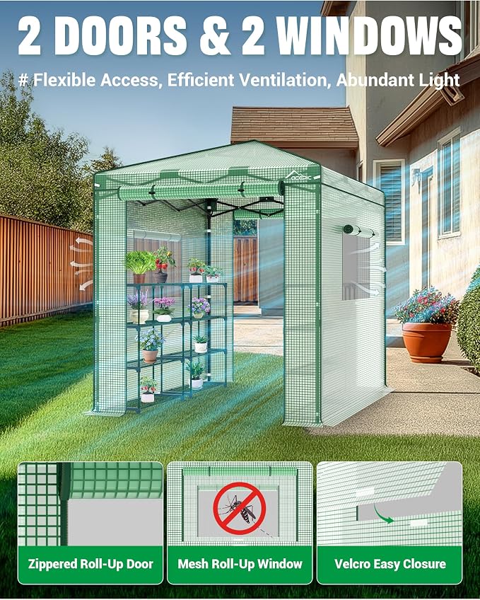 Acepic 8x6 Instant Pop up Greenhouses, Indoor Outdoor Portable Greenhouse Walk-in, Small Green House for All Season with Roll-Up Zipper Doors and Side Windows, 4 Sandbags, Pe Cover, Green/Clear